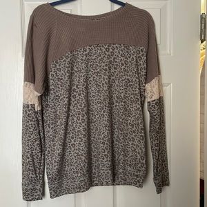 Brown and leopard long sleeve blouse with lace detail